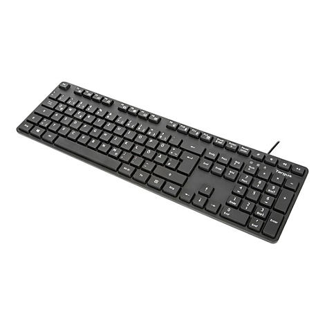Schwarze Computertastatur auf weißem Grund. Buchstaben, Zahlen und Sondertasten sind deutlich sichtbar.