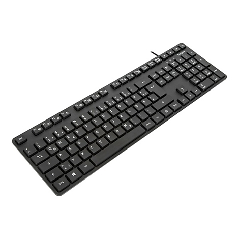 Schwarze Targus-Tastatur mit weißen Buchstaben und Ziffern auf weißen Hintergrund. Die Tastatur ist leicht schräg und von oben fotografiert.
