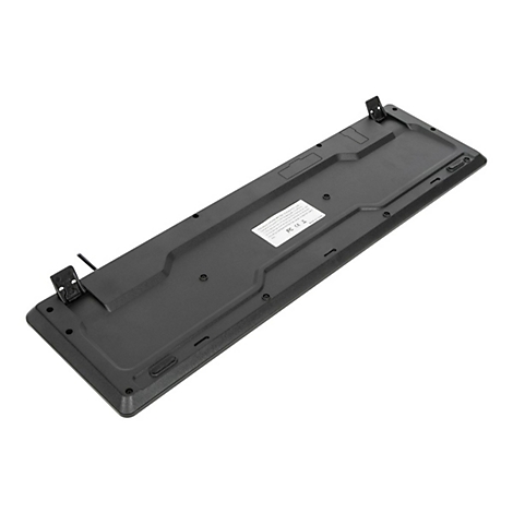 Schwarze Tastaturunterseite, Kabelanschluss, Herstelleraufkleber, weiße Oberfläche.