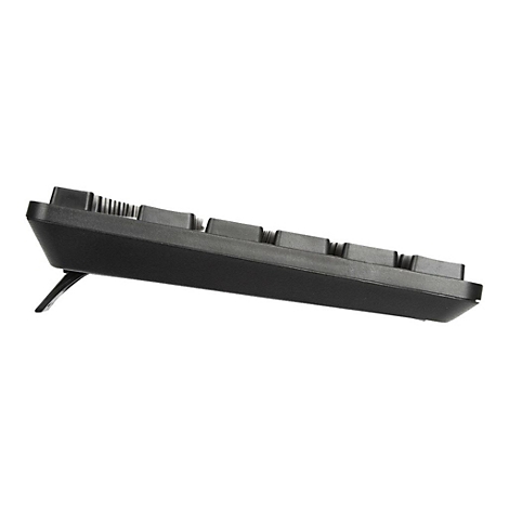 Seitenansicht einer schwarzen Tastatur mit ausgeklapptem Ständer. Tasten oben, Basis unten, weißer Hintergrund.