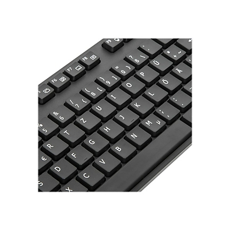 Nahaufnahme einer schwarzen Tastatur mit weißen Buchstaben und Zahlen. Tasten sind quadratisch und leicht erhöht.