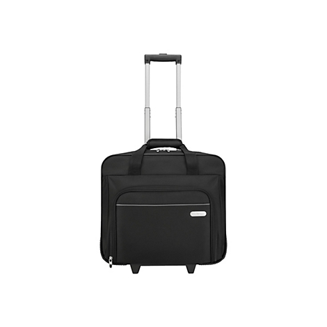 Valise à roulettes noire sur fond blanc. Avec poignée rétractable et poche avant.