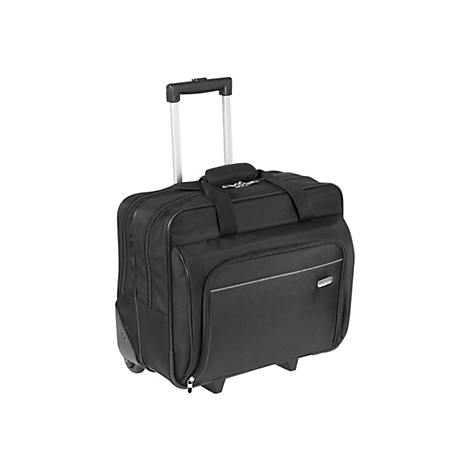 Valise à roulettes noire avec poignée extensible et deux roues sur fond blanc.