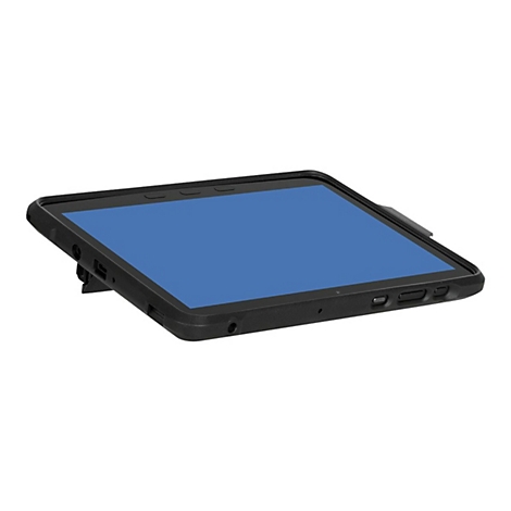 Tablette noire avec écran bleu, dans un étui de protection, légèrement inclinée sur fond blanc.