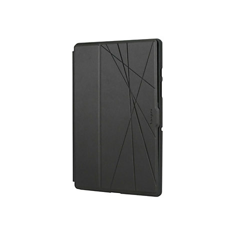 Étui de tablette noir, plié, avec des lignes diagonales et le logo Targus.
