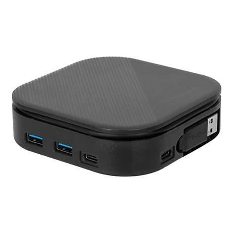 Schwarzer, quadratischer USB-Hub mit abgerundeten Kanten. Oben geriffelt, mit verschiedenen AnschlÃ¼ssen.