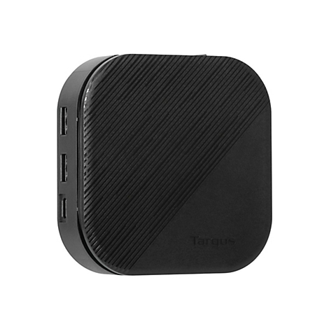 Schwarzer USB-Hub von Targus. Er hat vier USB-AnschlÃ¼sse. Die OberflÃ¤che ist mit diagonaler Textur versehen.