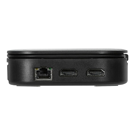 Schwarzes, rechteckiges GerÃ¤t, RÃ¼ckseite mit LAN-Anschluss und zwei HDMI-AnschlÃ¼ssen.