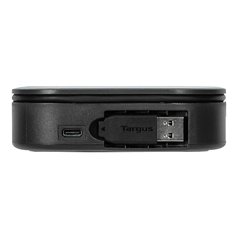 Schwarzes rechteckiges GerÃ¤t mit USB- und USB-C-AnschlÃ¼ssen. Targus-Logo ist sichtbar.