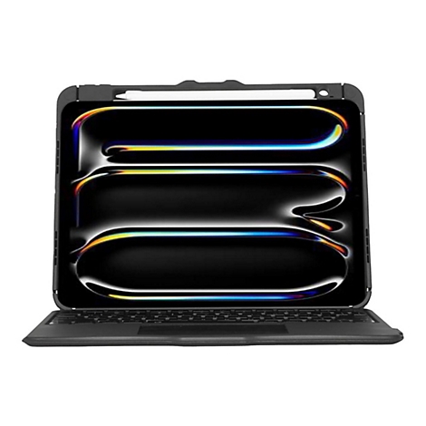 Ein schwarzes Tablet mit angeschlossener Tastatur und Stift. Der Bildschirm zeigt ein abstraktes Muster aus Linien in verschiedenen Farben.