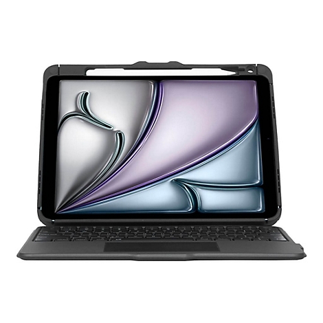 Une tablette dans un étui noir avec un clavier. Sur l'écran, un fond abstrait de tons gris et violets. Le stylet est posé sur le dessus.