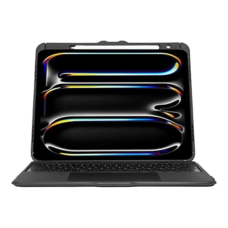 Tablette noire avec étui clavier, ouverte, stylet en haut. L'écran affiche un graphisme abstrait.
