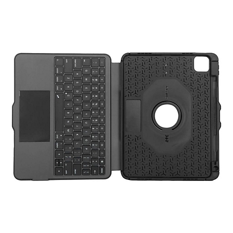 Étui de tablette noir avec clavier et pavé tactile, ouvert. L'étui porte l'inscription "360".