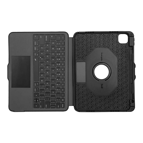 Étui de tablette noir avec clavier et pavé tactile. Le couvercle est doté d'un support rotatif et du logo Targus.