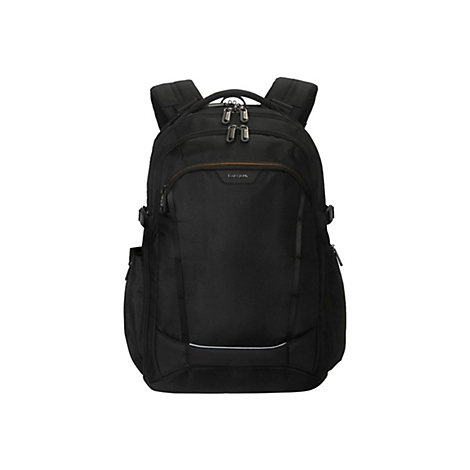 Schwarzer Rucksack vor weißem Hintergrund. Mit Reißverschlüssen, Schultergurten und Tragegriff. Der Schriftzug "Targus" ist sichtbar.