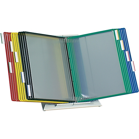 Classeur multicolore avec onglets, ouvert sur un présentoir. Chaque onglet est codé par couleur.