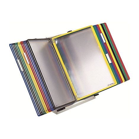 Dossier de présentation multicolore avec pochettes transparentes. Les pochettes ont des bords de couleurs différentes et sont fixées dans un mécanisme métallique.