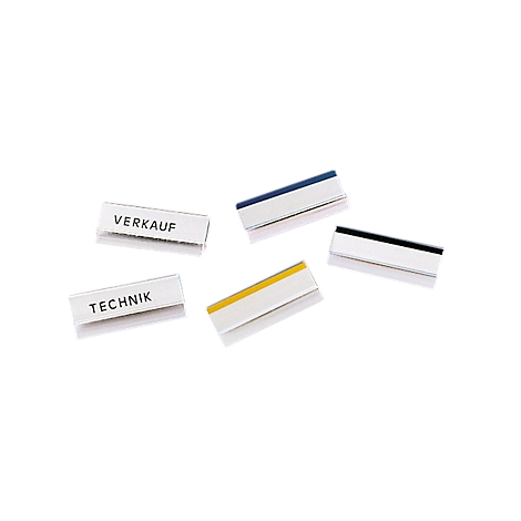 Five silver name tags, some with colored stripes and text: SALES, TECHNOLOGY.
