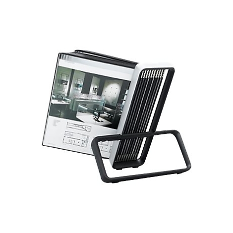 Un porte-livre en métal noir tenant un livre ouvert. Le livre affiche un plan d'étage et une photo d'une pièce.