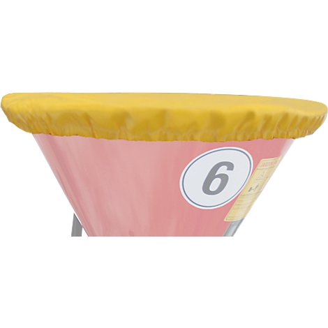 Close-up of a red, conical bucket with a yellow lid and the number 6.