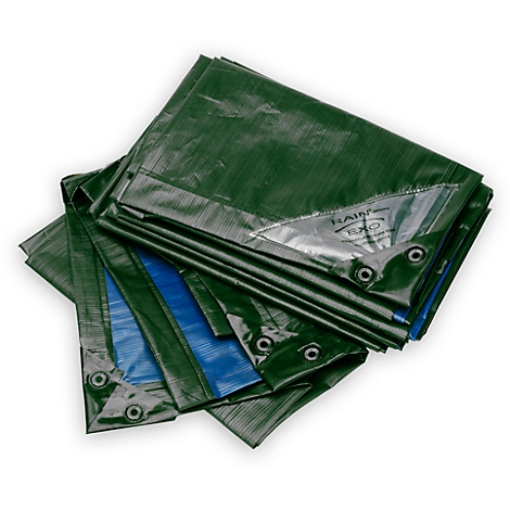 Green tarp with eyelets, partially overlapping, blue inside visible. Text "RAIN EXPO".