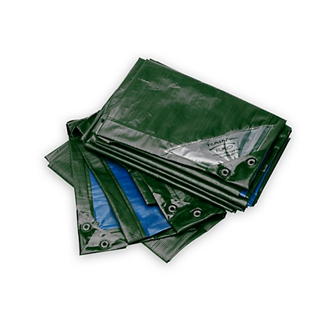 Green tarp, partially blue, with eyelets and company logo, against a white background.