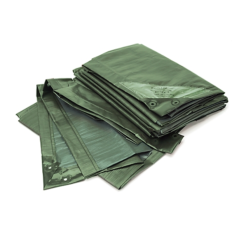 Green tarpaulin, folded. Details: eyelets and reinforced corners. Bright setting.