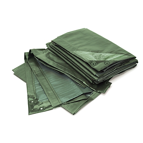 Stack of green tarpaulins with metal eyelets at the corners. Part of the tarpaulin is unfolded.