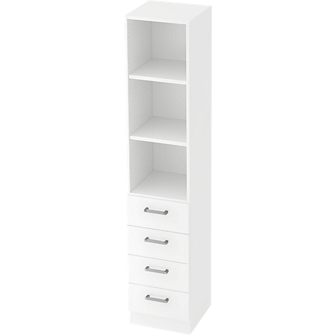 White shelf with open compartments and drawers. Open compartments at the top, drawers with handles at the bottom.