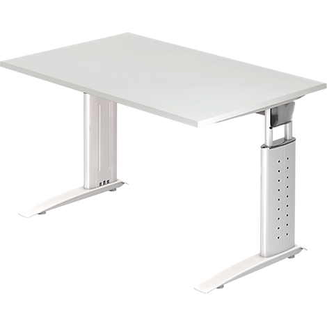 A white height-adjustable desk standing against a white background.