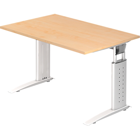 A bright, height-adjustable desk, made of wood and metal, on a white background.