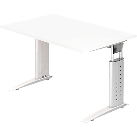 White, height-adjustable desk with silver legs. Rectangular table top.