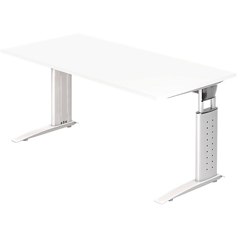 A white, height-adjustable desk stands against a white background. The desk is depicted at a slightly oblique angle.