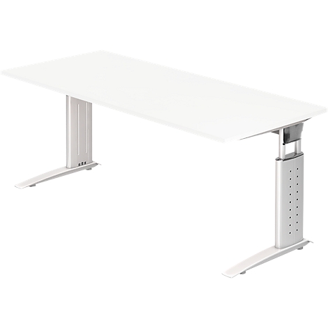 White, height-adjustable desk against a light background. It has a rectangular tabletop and silver legs.