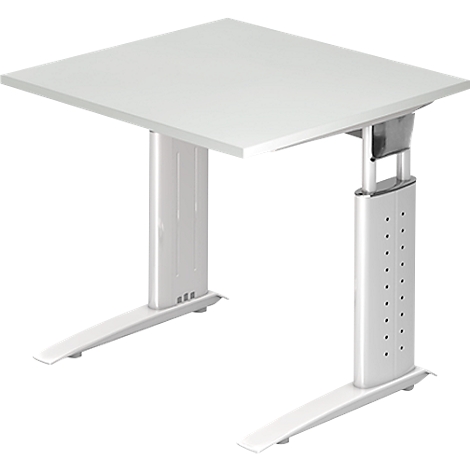 A white height-adjustable desk, shown in detail.