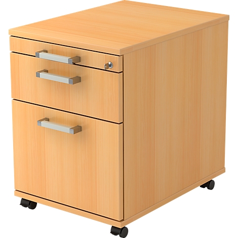Beige rolling cabinet with three drawers. The handles are silver-colored, on wheels.
