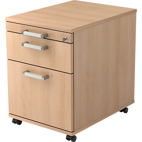 Light brown mobile pedestal with three drawers, silver handles, and wheels.
