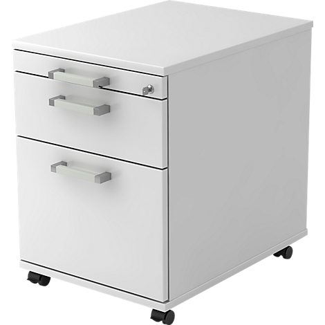 White mobile pedestal with two drawers and silver handles.