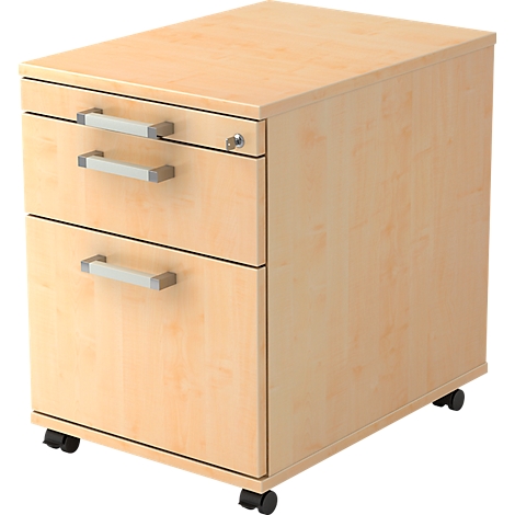Light wood roll container with three drawers and castors.