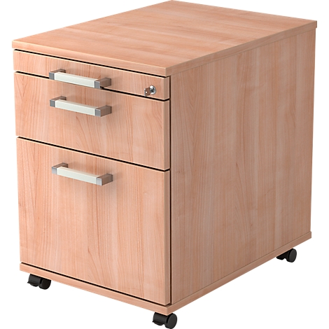 Light brown office cabinet on wheels with three drawers and silver handles.