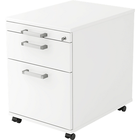 White rolling file cabinet with three drawers, silver handles, and wheels.
