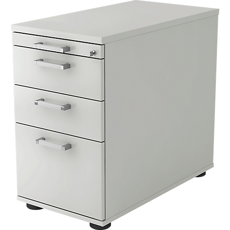 White pedestal with three drawers, silver handles and lock. Black feet.