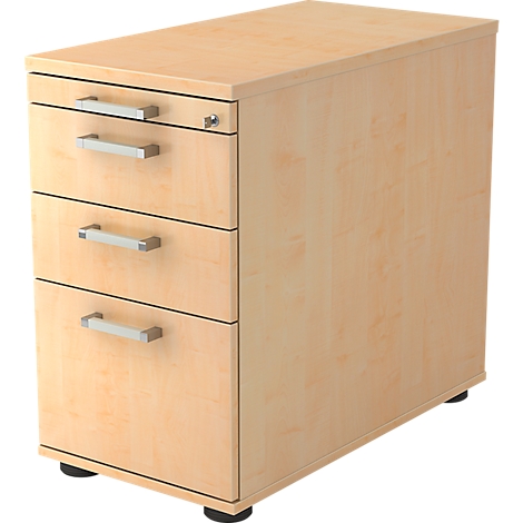 Light brown file cabinet with three drawers, silver handles, and a lock.
