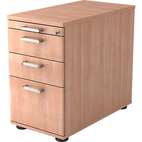 A wooden mobile pedestal with three drawers, silver handles and black feet.