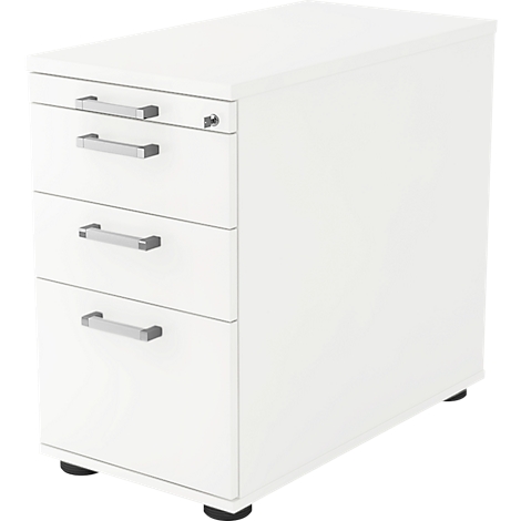 White pedestal with three drawers, silver handles, and black feet.