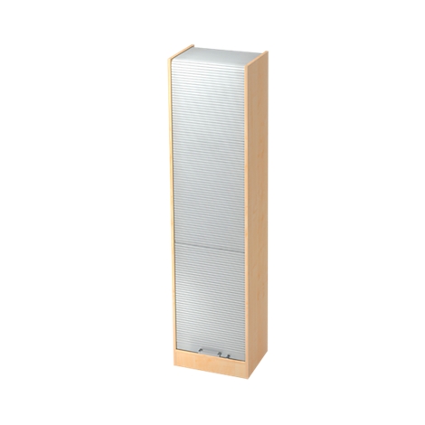 Tall, narrow cabinet with a slatted door and light wood frame. A simple handle is at the bottom.