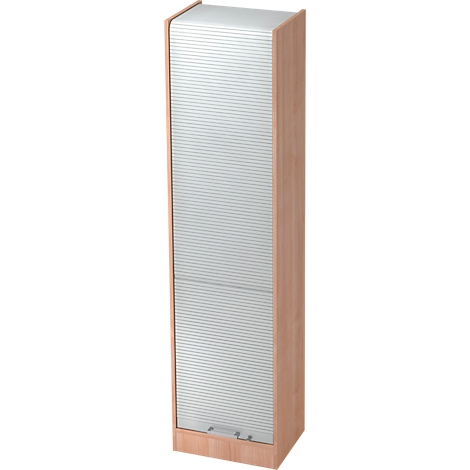 Light wood cabinet with roller shutter door. A narrow handle at the bottom, the sides are made of light wood.