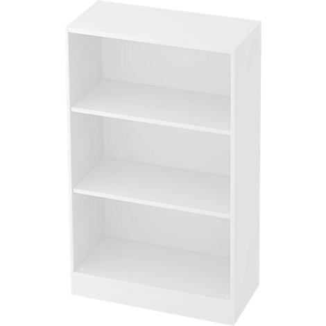 White bookshelf with three compartments, freestanding. Rectangular shape, simple design.
