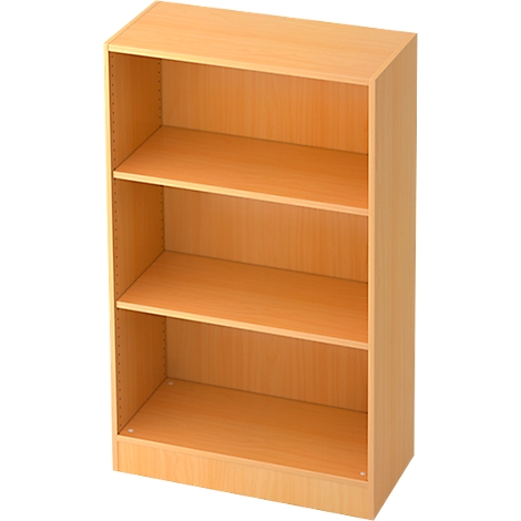 Three-part bookcase made of light brown wood, with three shelves.