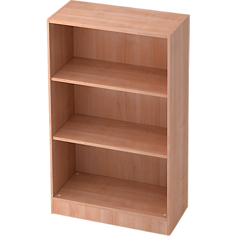 A wooden bookshelf with three shelves, against a white background. The wood has a light grain.
